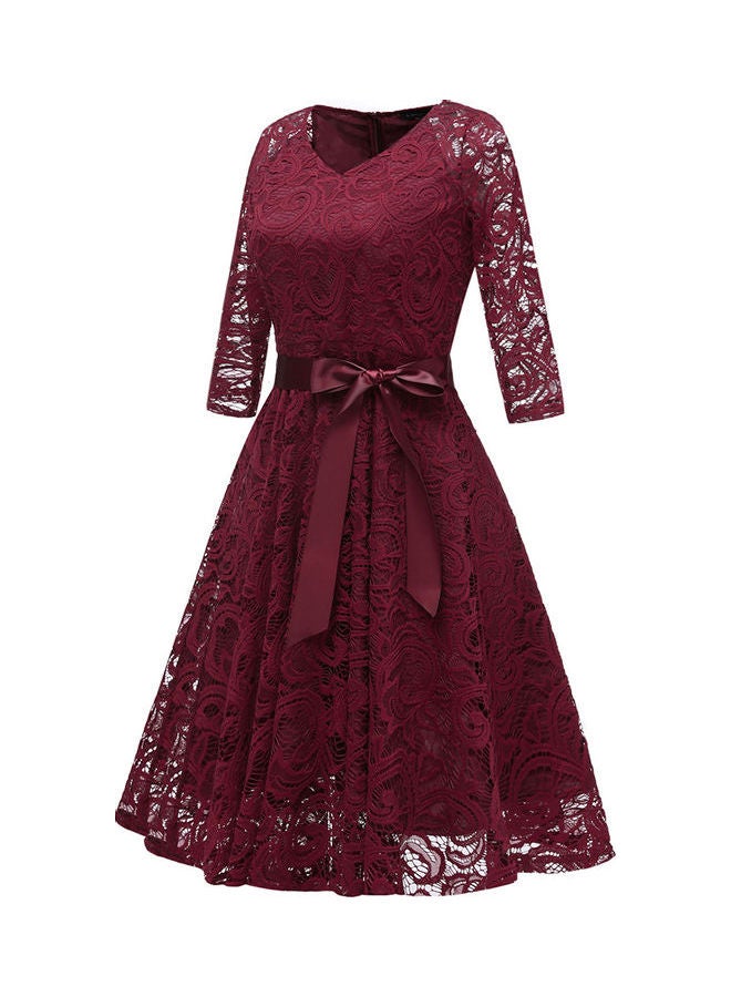 V-neck Lace Fashion Three Quarter Sleeve Slim Bowknot Dress Red - Image 2