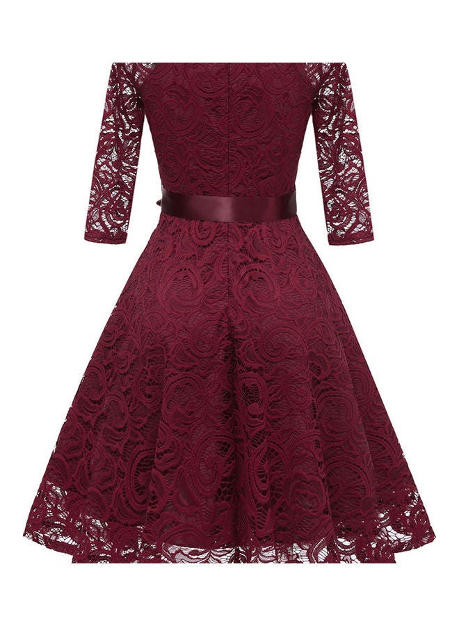 V-neck Lace Fashion Three Quarter Sleeve Slim Bowknot Dress Red - Image 3