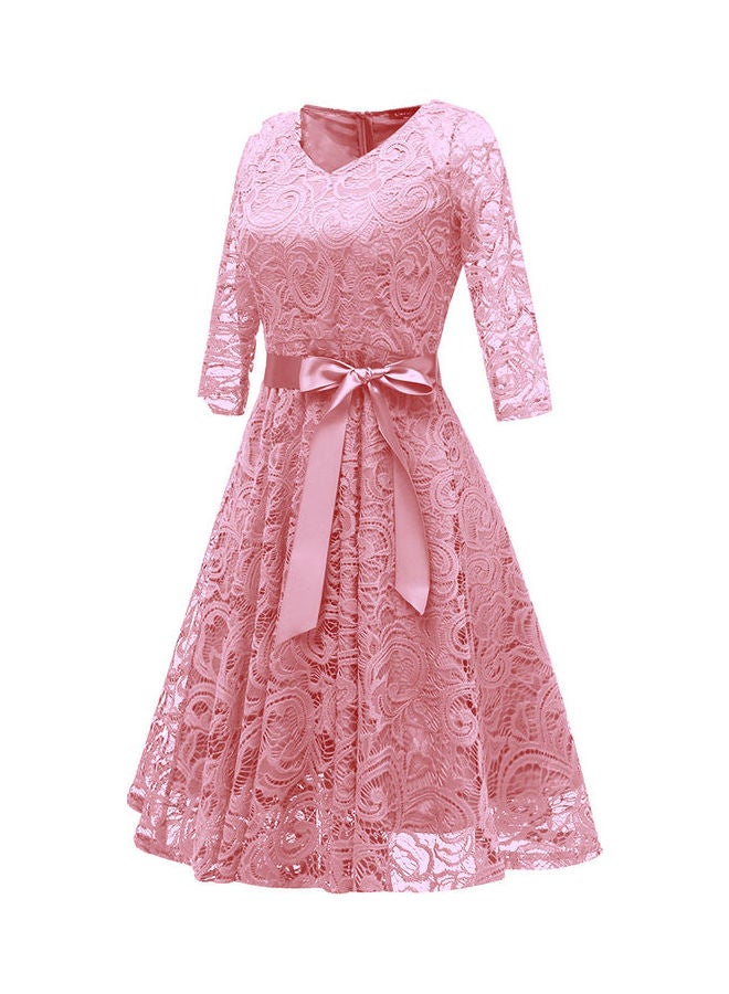V-neck Lace Fashion Three Quarter Sleeve Slim Bowknot Dress Red - Image 5