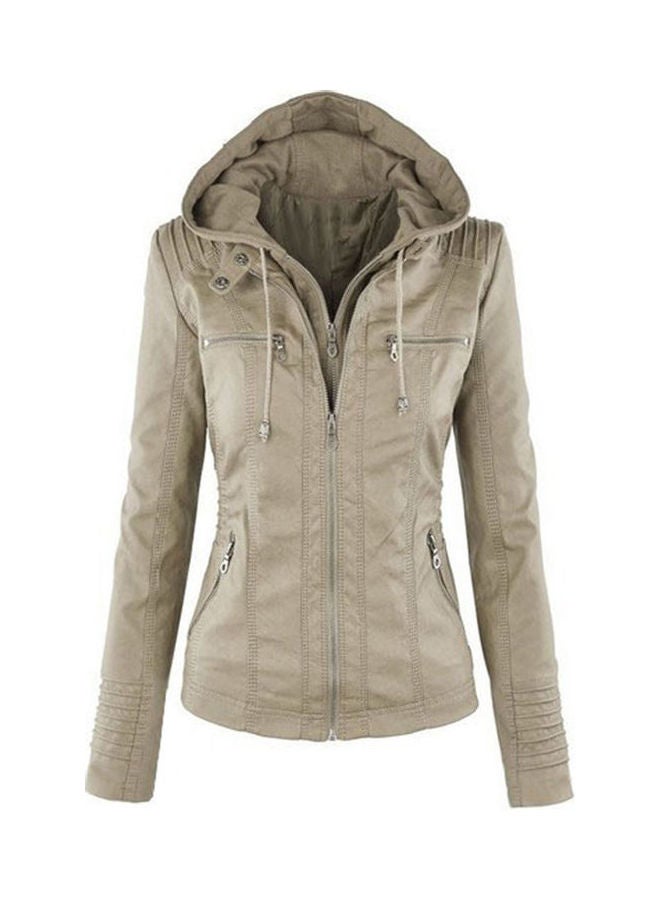 PU Jacket Long Sleeve Zipper Leather Hooded Coat Fashionable Outwear Apricot  - Image 1