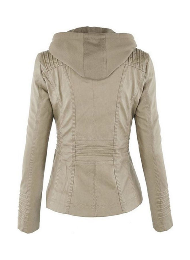 PU Jacket Long Sleeve Zipper Leather Hooded Coat Fashionable Outwear Apricot  - Image 2