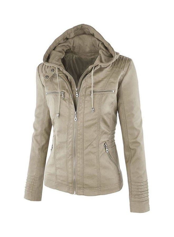 PU Jacket Long Sleeve Zipper Leather Hooded Coat Fashionable Outwear Apricot  - Image 3