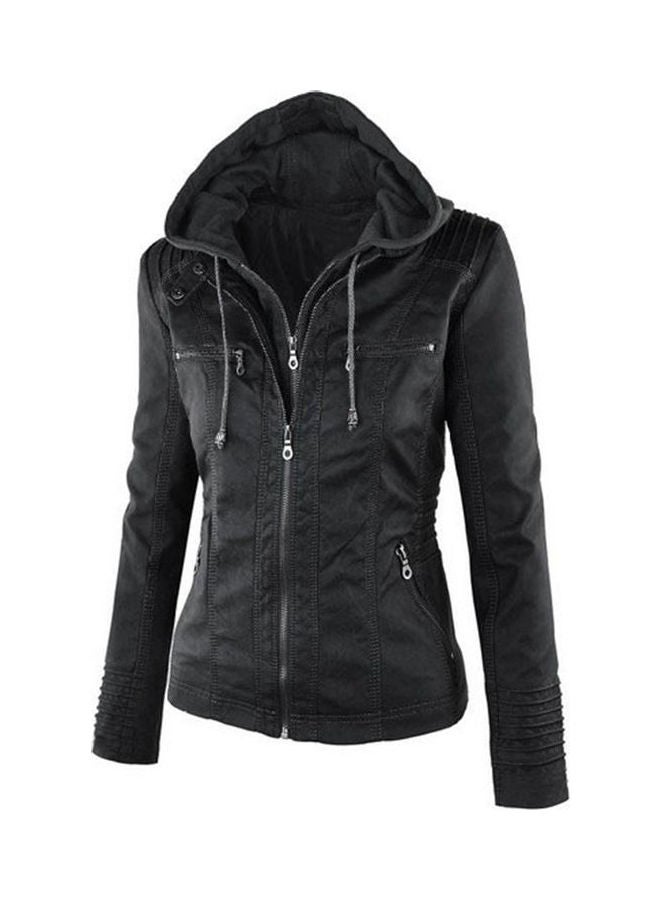 PU Jacket Long Sleeve Zipper Leather Hooded Coat Fashionable Outwear Apricot  - Image 5