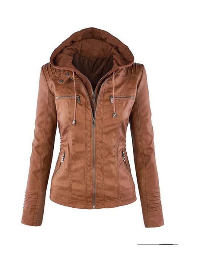 PU Jacket Long Sleeve Zipper Leather Hooded Coat Fashionable Outwear Brown  - Image 1