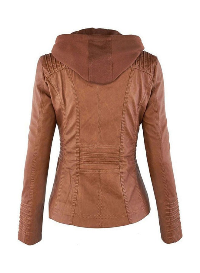 PU Jacket Long Sleeve Zipper Leather Hooded Coat Fashionable Outwear Brown  - Image 2