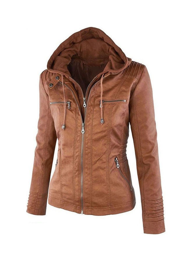 PU Jacket Long Sleeve Zipper Leather Hooded Coat Fashionable Outwear Brown  - Image 3