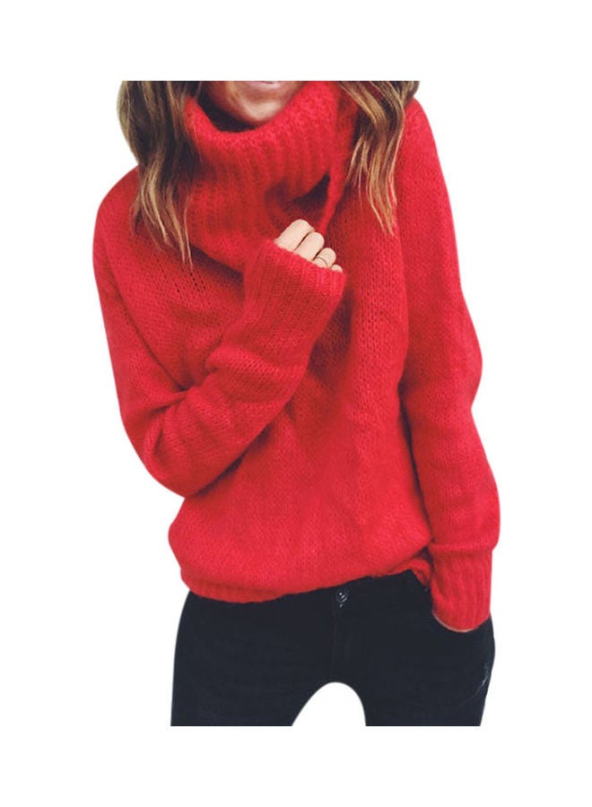Mohair High-Necked Sweater Fashionable Pullover Top Red  - Image 1