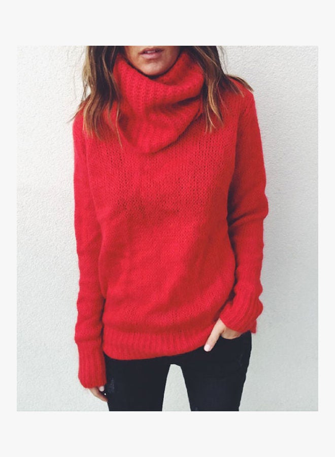 Mohair High-Necked Sweater Fashionable Pullover Top Red  - Image 2