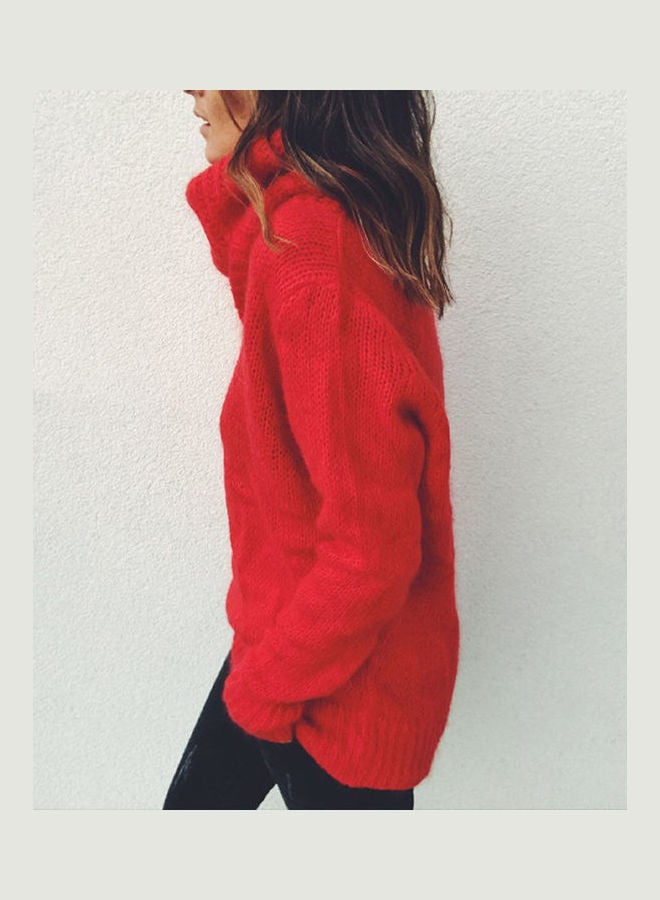 Mohair High-Necked Sweater Fashionable Pullover Top Red  - Image 3