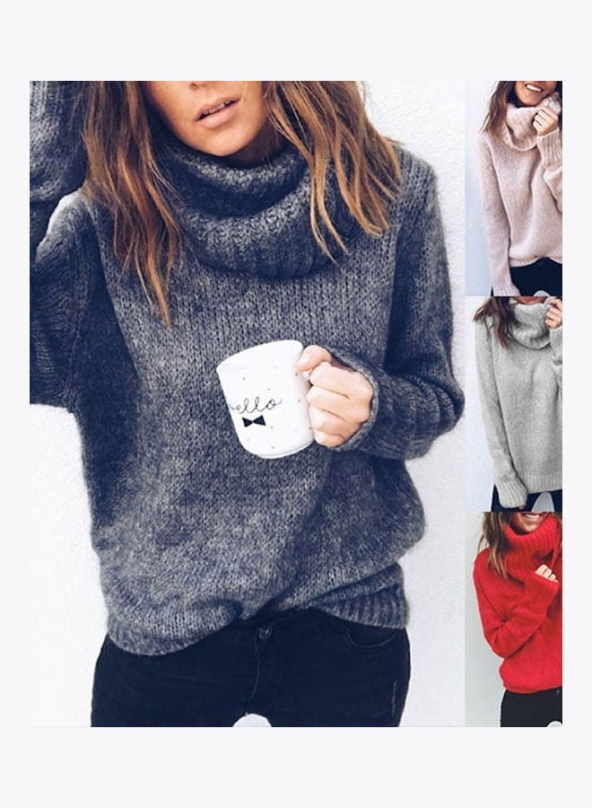 Mohair High-Necked Sweater Fashionable Pullover Top Red  - Image 4