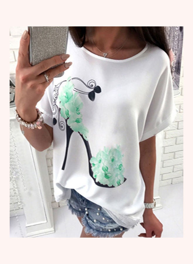 Loose Fitting Floral Heels Printed Short-sleeved T-shirt Green  - Image 1
