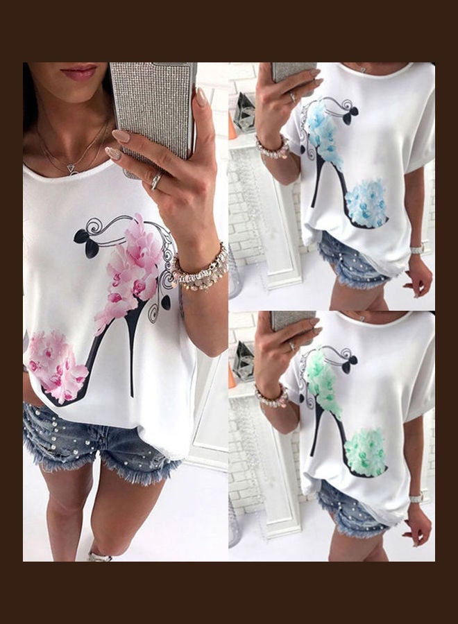 Loose Fitting Floral Heels Printed Short-sleeved T-shirt Green  - Image 3