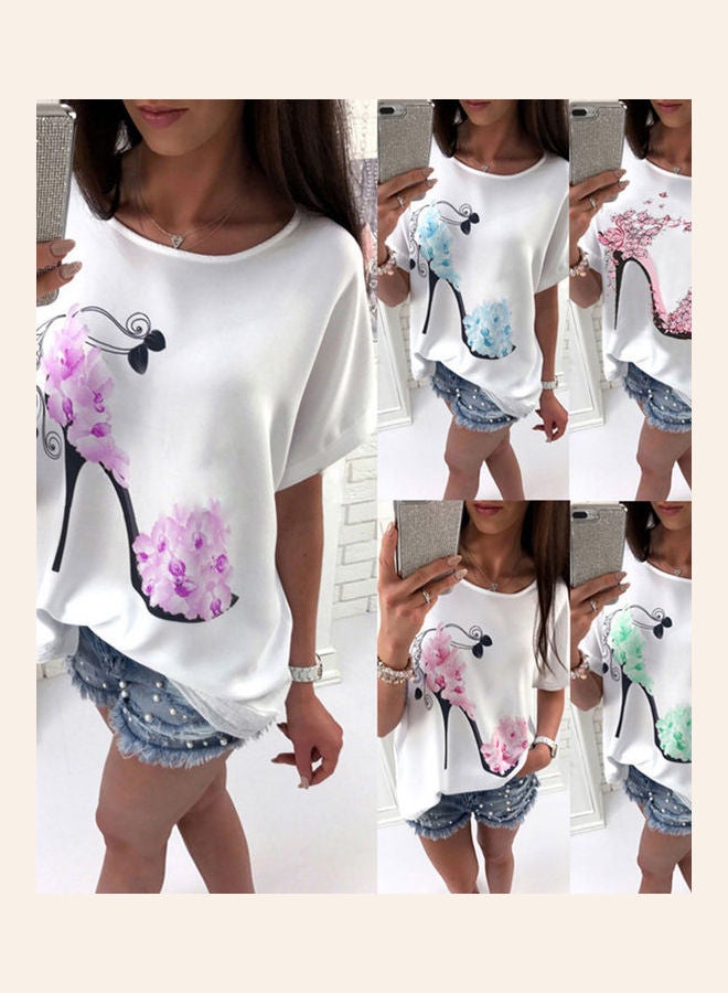 Loose Fitting Floral Heels Printed Short-sleeved T-shirt Green  - Image 4