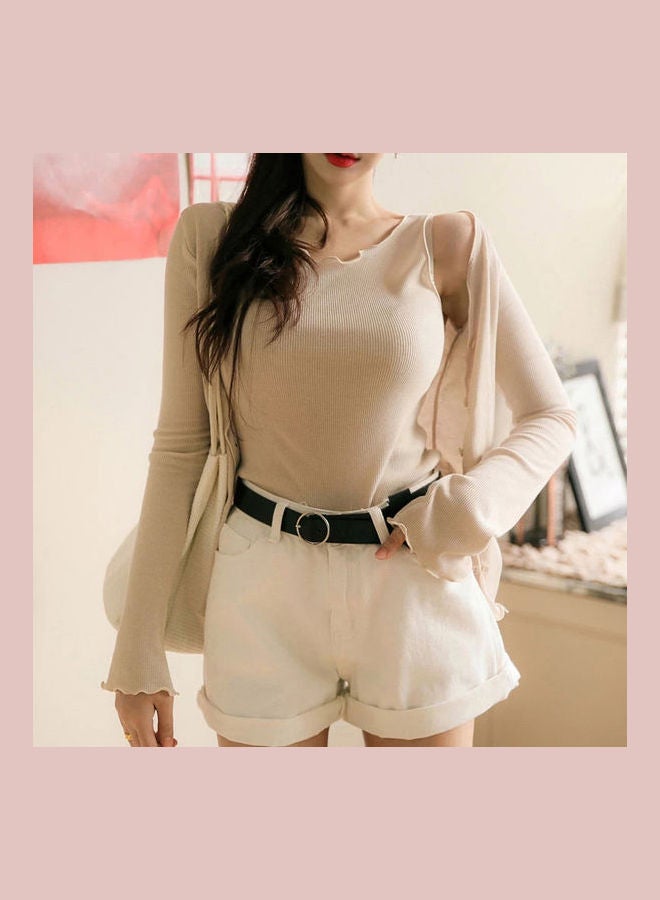 شورت جينز واسع بخصر مرتفع وحواف ملفوفة مناسب لفصل الصيف أبيض - Image 3