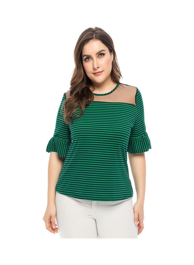 Summer Mesh Splice Loose Muslim Style Stripe Tops Large Size Green - Image 1