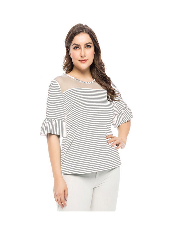 Women Summer Mesh Splice Loose Muslim Style Stripe Tops Large Size Light Grey - Image 1