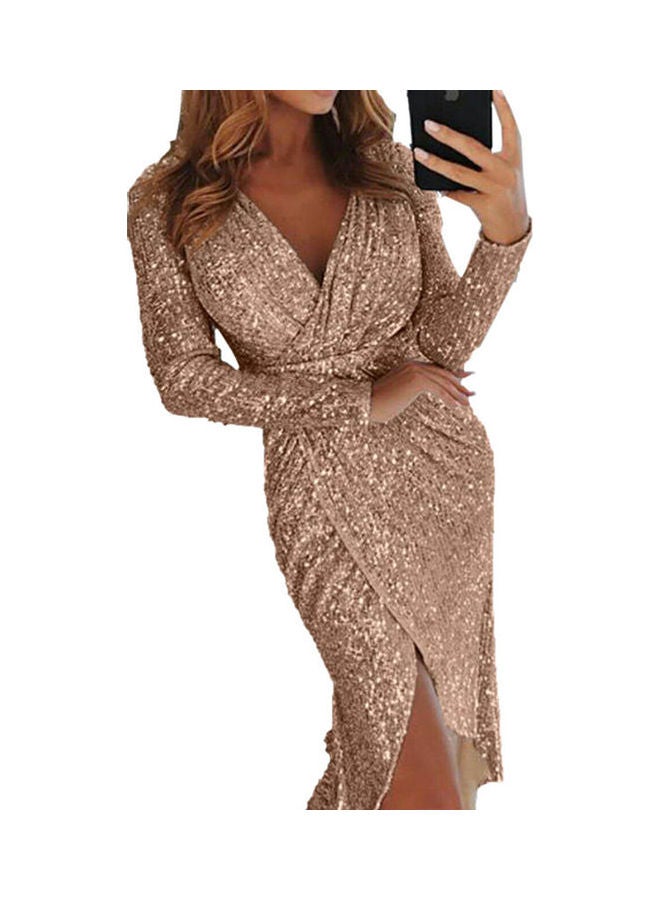 Sequins Long Sleeves V-Collar Flash Irregular Dress Champagne  - Image 1
