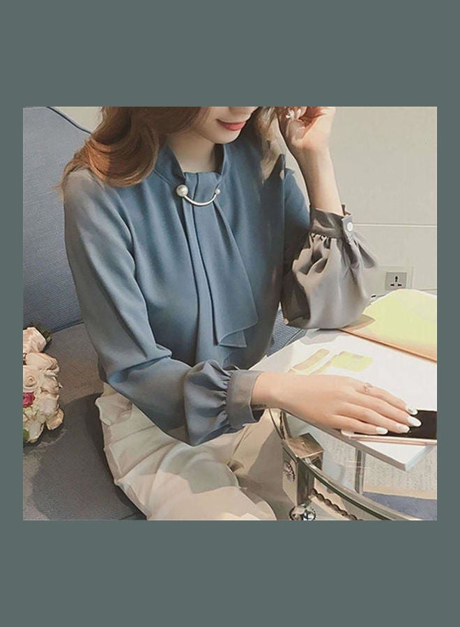 Spring Long Puff Sleeve Chiffon Base Shirt Top Blue/Gray  - Image 1