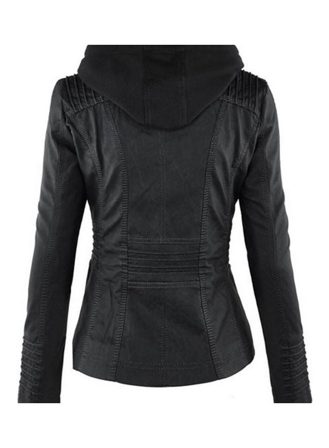 PU Jacket Long Sleeve Zipper Leather Hooded Coat Fashionable Outwear Black  - Image 2
