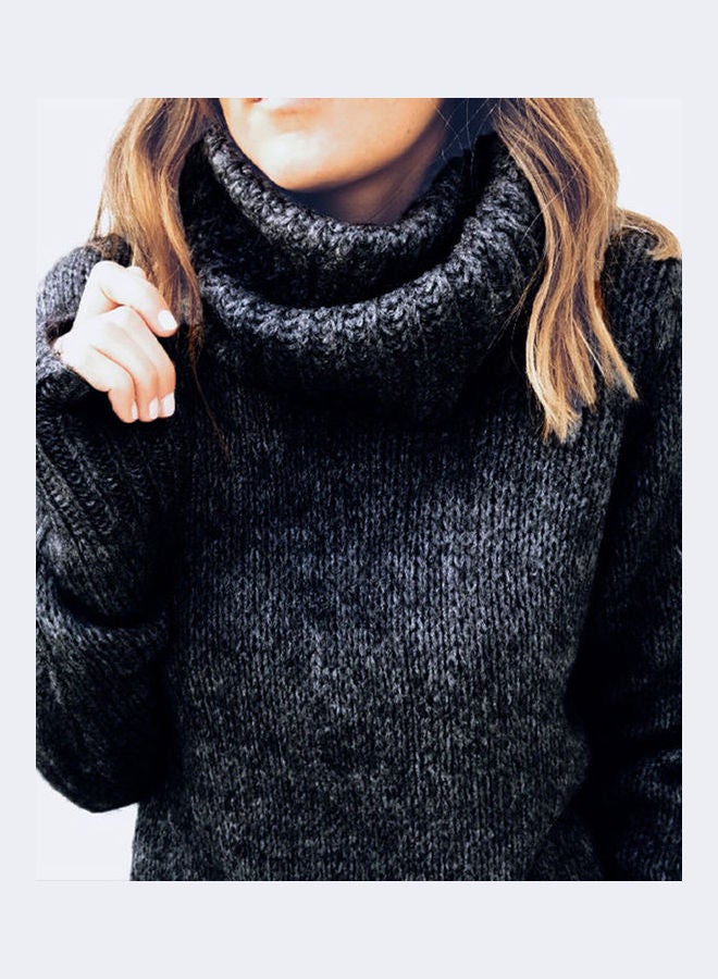 Women Mohair High-Necked Sweater Fashionable Pullover Top Black - Image 2