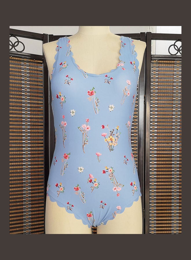 Women Sweet Style Flower Print One-Piece Bikini Suit Sky Blue - Image 3