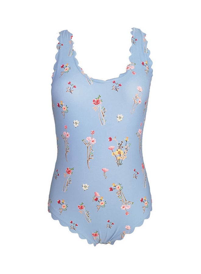 Women Sweet Style Flower Print One-Piece Bikini Suit Sky Blue - Image 5
