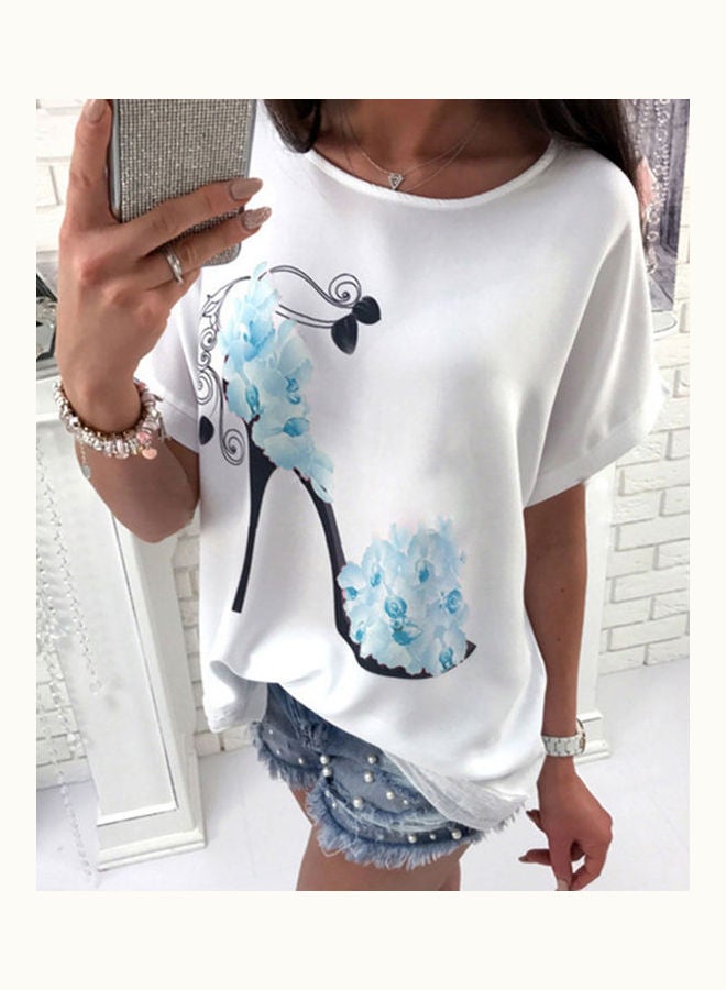 Loose Fitting Floral Heels Printed Short Sleeved T-Shirt blue  - Image 1