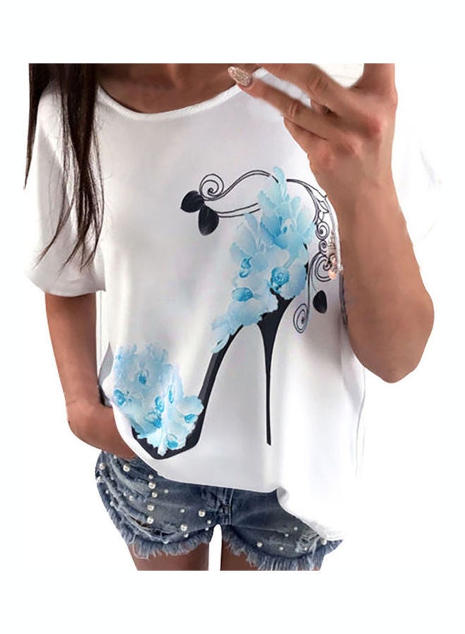 Loose Fitting Floral Heels Printed Short Sleeved T-Shirt blue  - Image 3