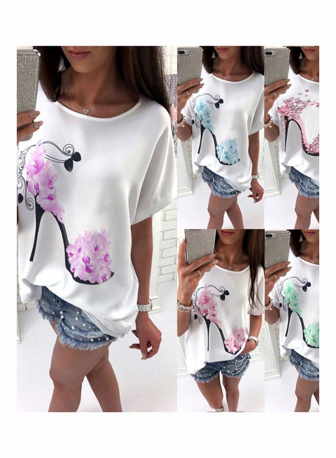 Loose Fitting Floral Heels Printed Short Sleeved T-Shirt blue  - Image 5