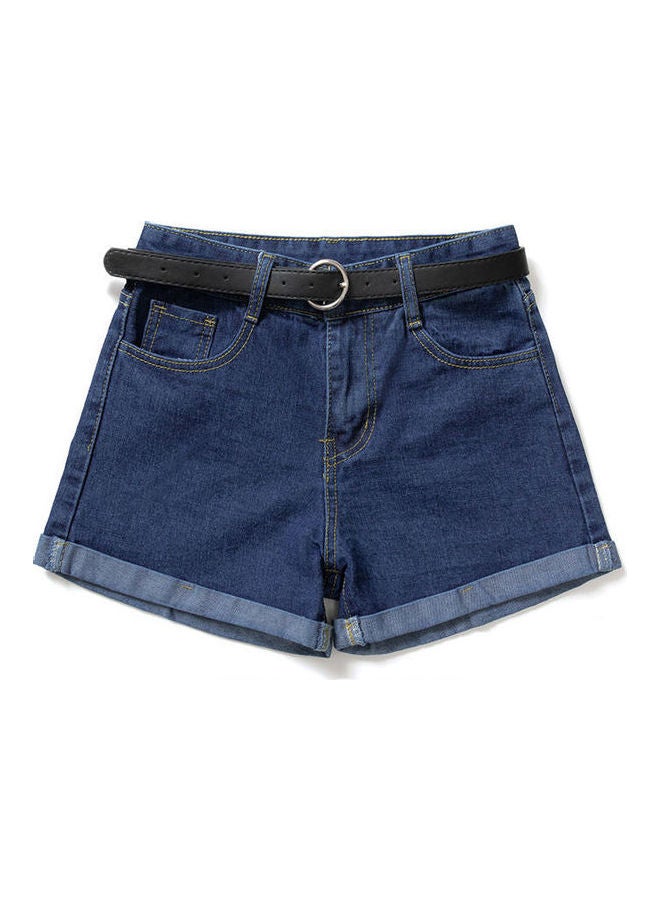 Summer Loose Roll Edge High Waist Denim Shorts Dark Blue  - Image 1