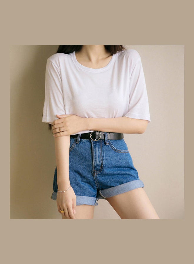 Summer Loose Roll Edge High Waist Denim Shorts Dark Blue  - Image 3
