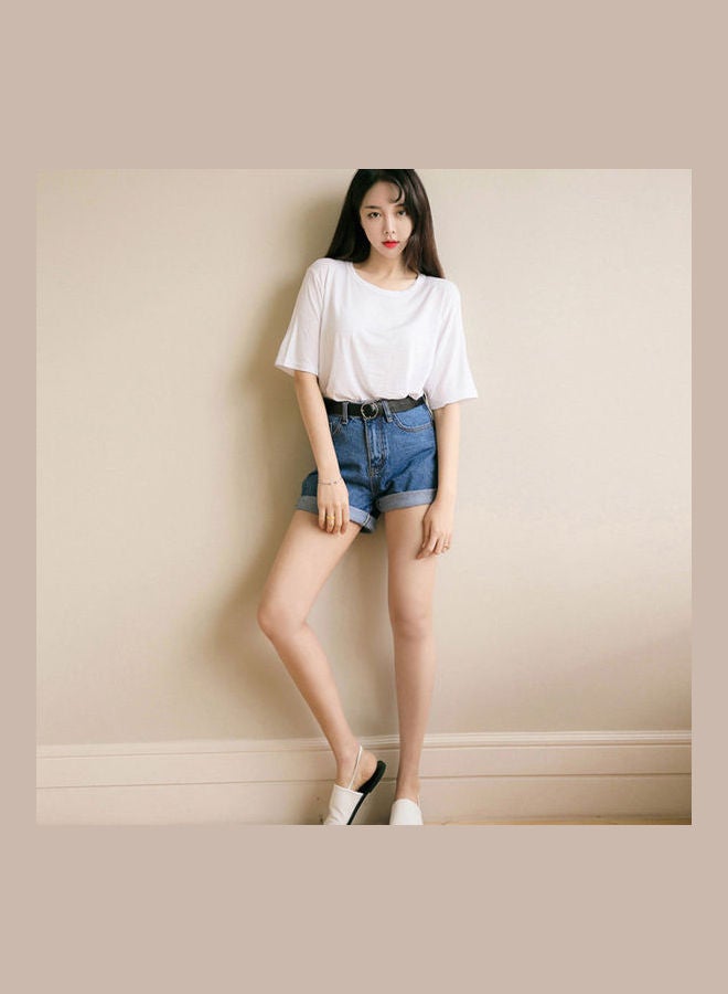 Summer Loose Roll Edge High Waist Denim Shorts Dark Blue  - Image 4