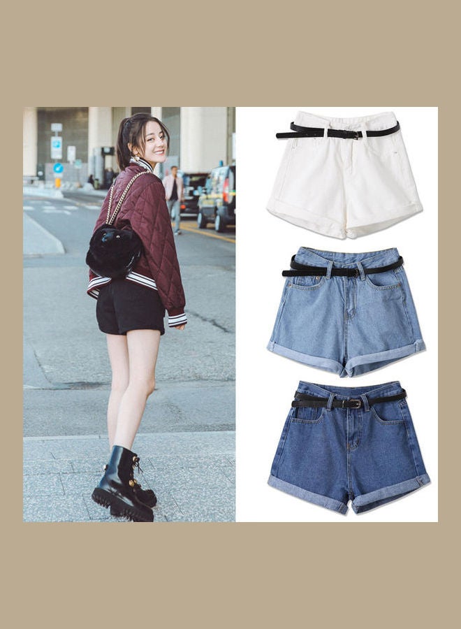 Summer Loose Roll Edge High Waist Denim Shorts Dark Blue  - Image 5