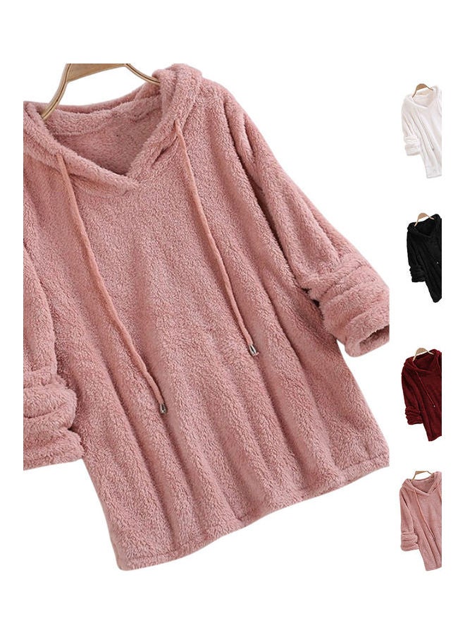 Long Sleeve Double Side Plush Hooded Sweatshirts Pink - Image 3
