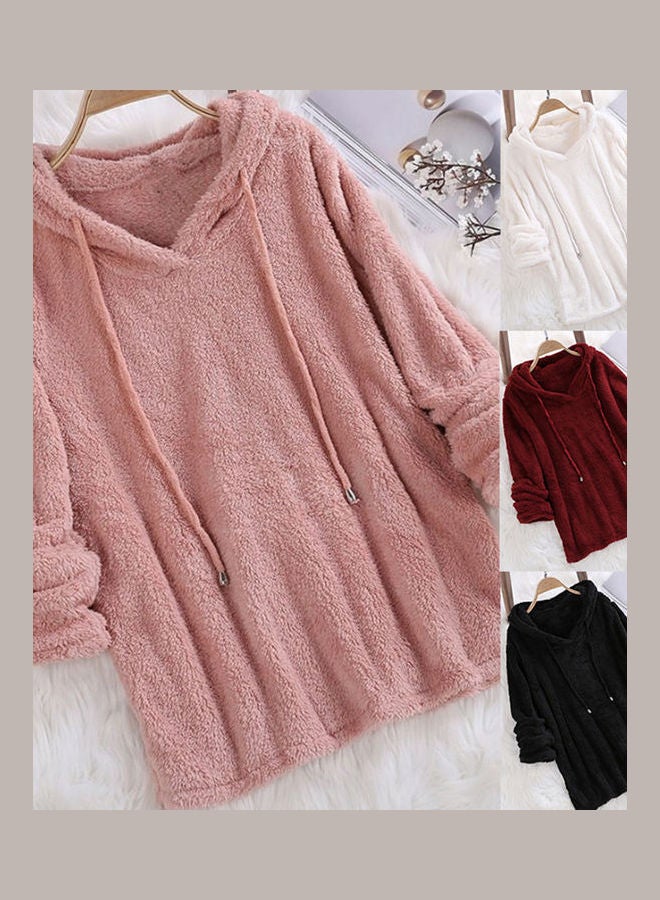 Long Sleeve Double Side Plush Hooded Sweatshirts Pink - Image 4