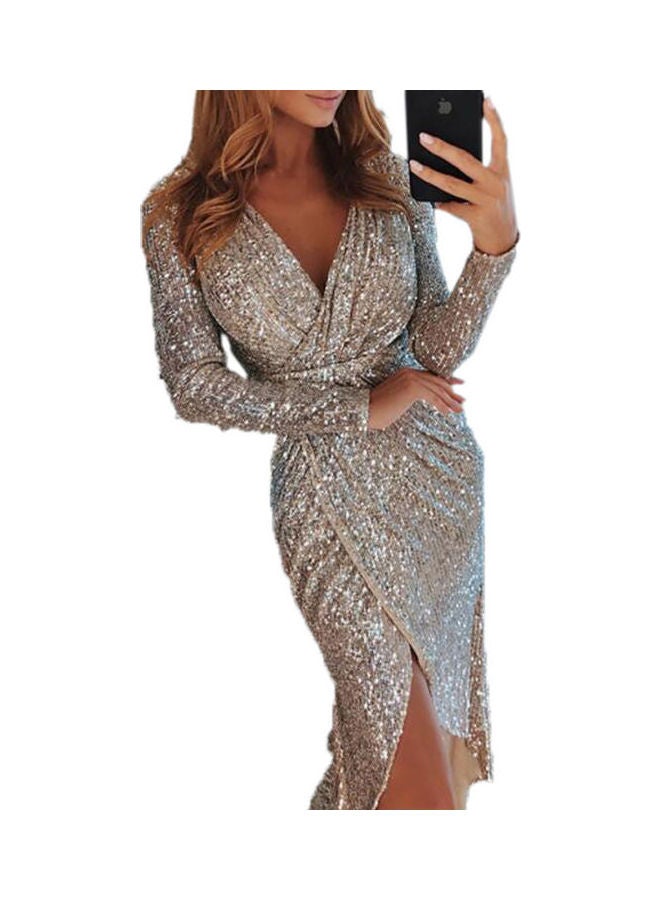 Sequins Long Sleeves V-Collar Flash Irregular Dress Silver - Image 1