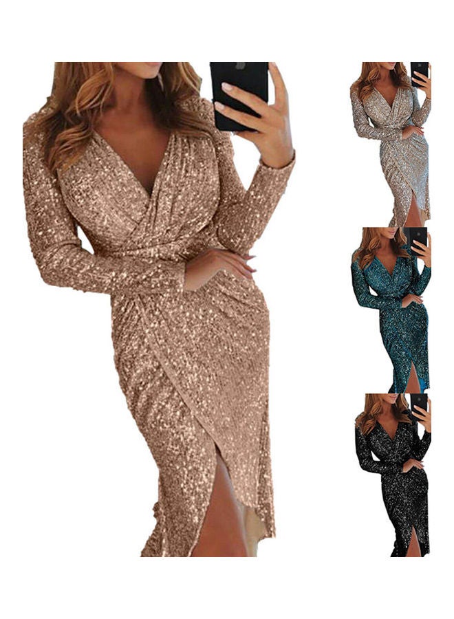 Sequins Long Sleeves V-Collar Flash Irregular Dress Silver - Image 3