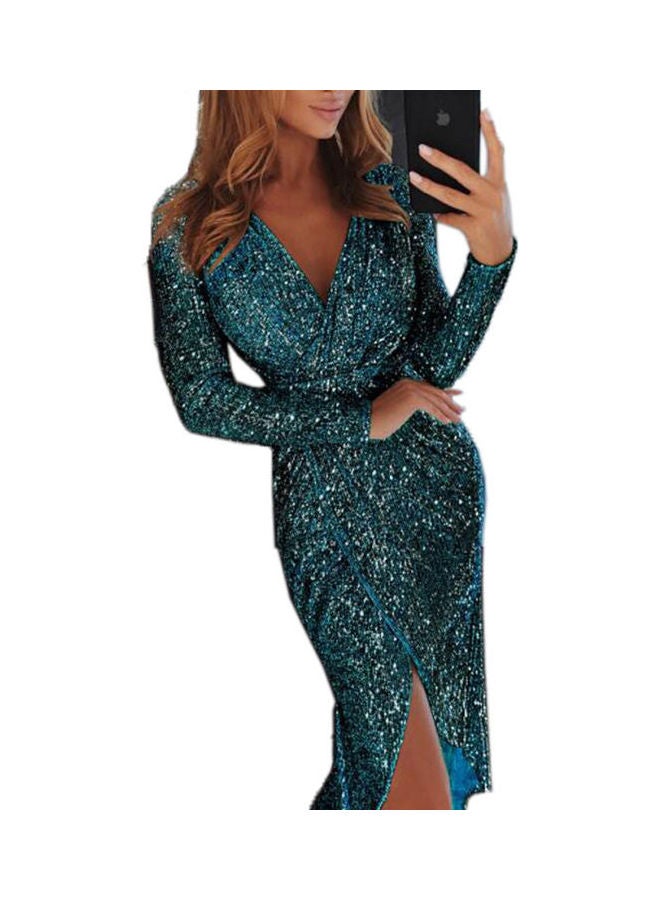 Sequins Long Sleeves V-Collar Flash Irregular Dress Silver - Image 4