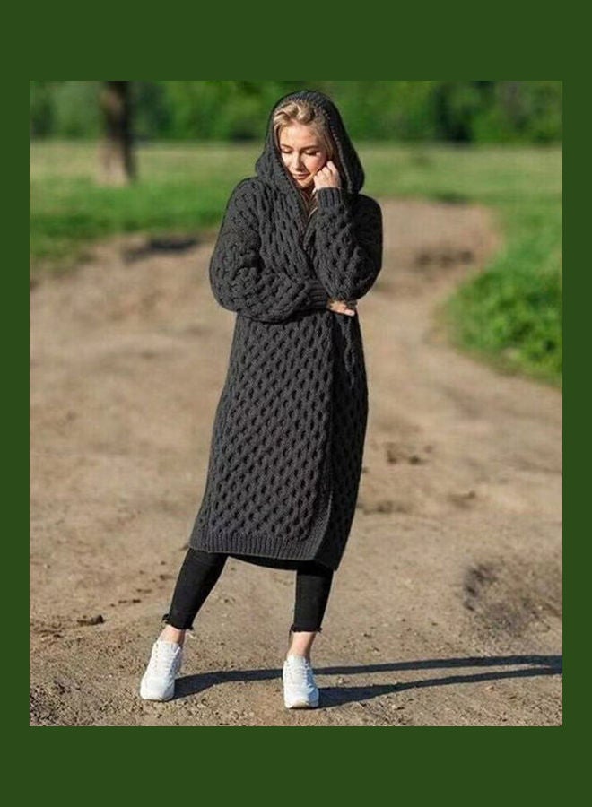 Generic - Women Winter Fashion Long Knitting Sweater Coat Solid Colour Loose Warm Hoodie Cardigan Black Grey - Image 1