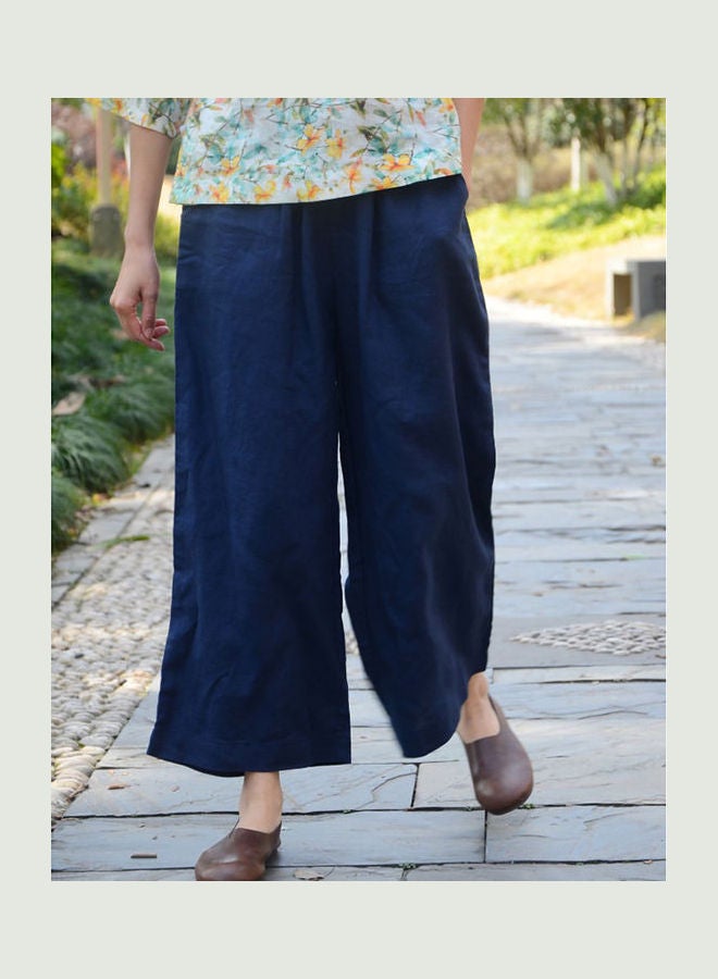 Retro Cotton Linen Ninth Pants Over Size Loose Wide Leg Trousers Dark Blue  - Image 1