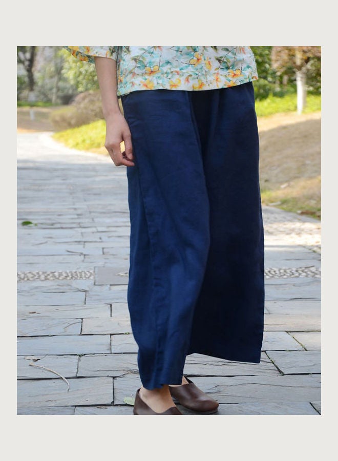 Retro Cotton Linen Ninth Pants Over Size Loose Wide Leg Trousers Dark Blue  - Image 4