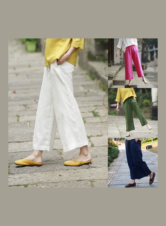 Retro Cotton Linen Ninth Pants Over Size Loose Wide Leg Trousers Dark Blue  - Image 5