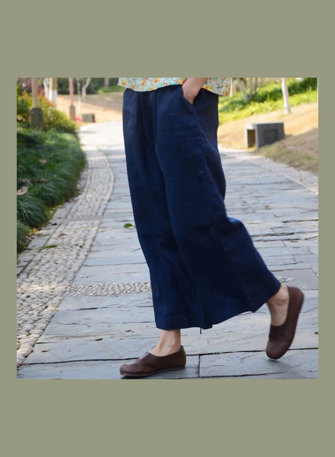 Retro Cotton Linen Ninth Pants Over Size Loose Wide Leg Trousers Dark Blue  - Image 3