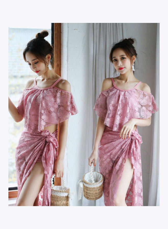 Women Split Spring Swimwear Bikini Three-Piece Suit Pink - Image 2