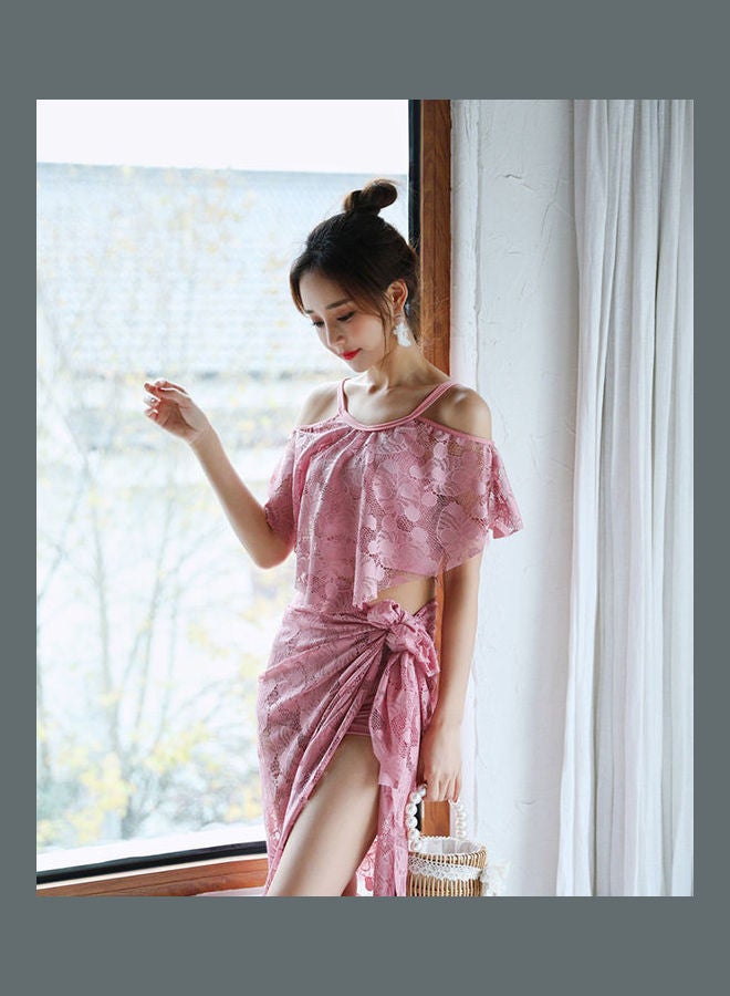 Women Split Spring Swimwear Bikini Three-Piece Suit Pink - Image 3