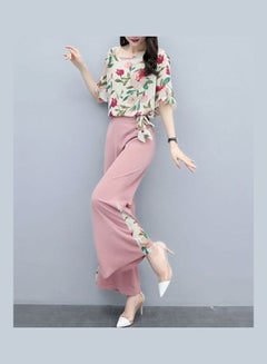 Women Lady Summer Fashion Slim Floral Printing Tops+Wide Leg Pants Pink