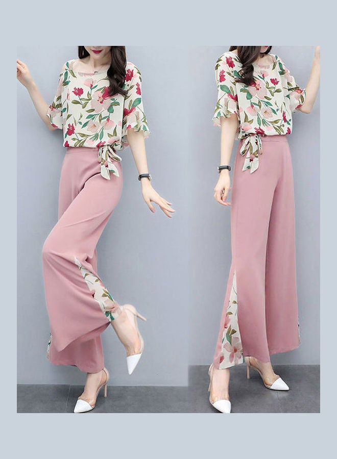 Generic - Women Lady Summer Fashion Slim Floral Printing Tops+Wide Leg Pants Pink - Image 1