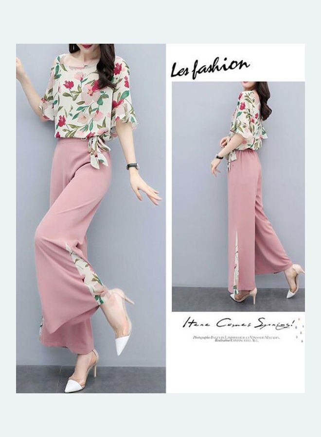 زي بدلة من بلوزة أنيقة بقصة ضيقة وبطبعة زهور مع بنطال بأرجل واسعة أسود - Image 5