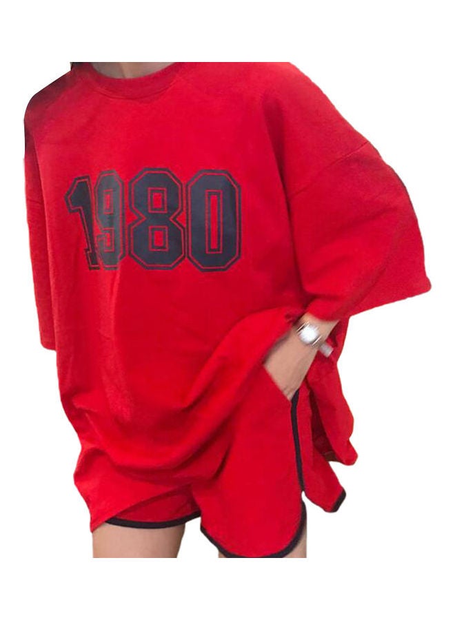 Short Sleeve Shirt And Shorts Loose Casual Sports Wear Red  - Image 1