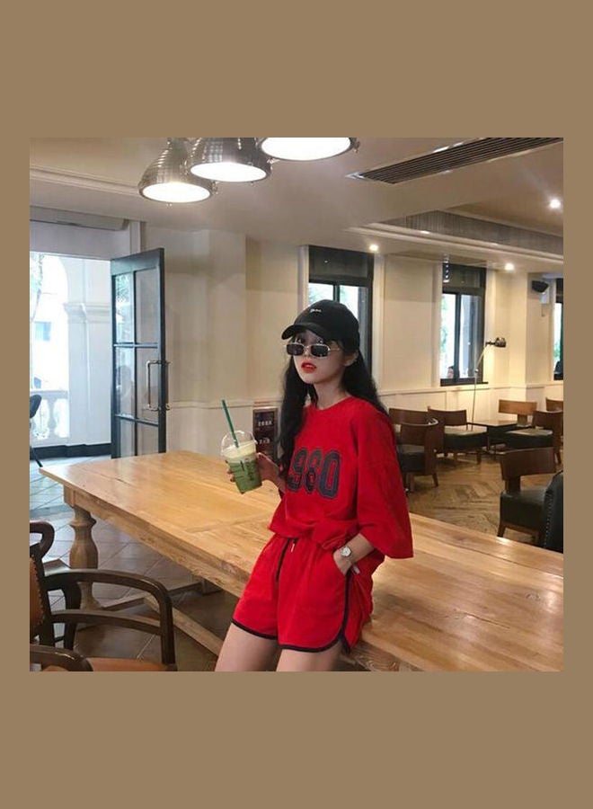 Short Sleeve Shirt And Shorts Loose Casual Sports Wear Red  - Image 4